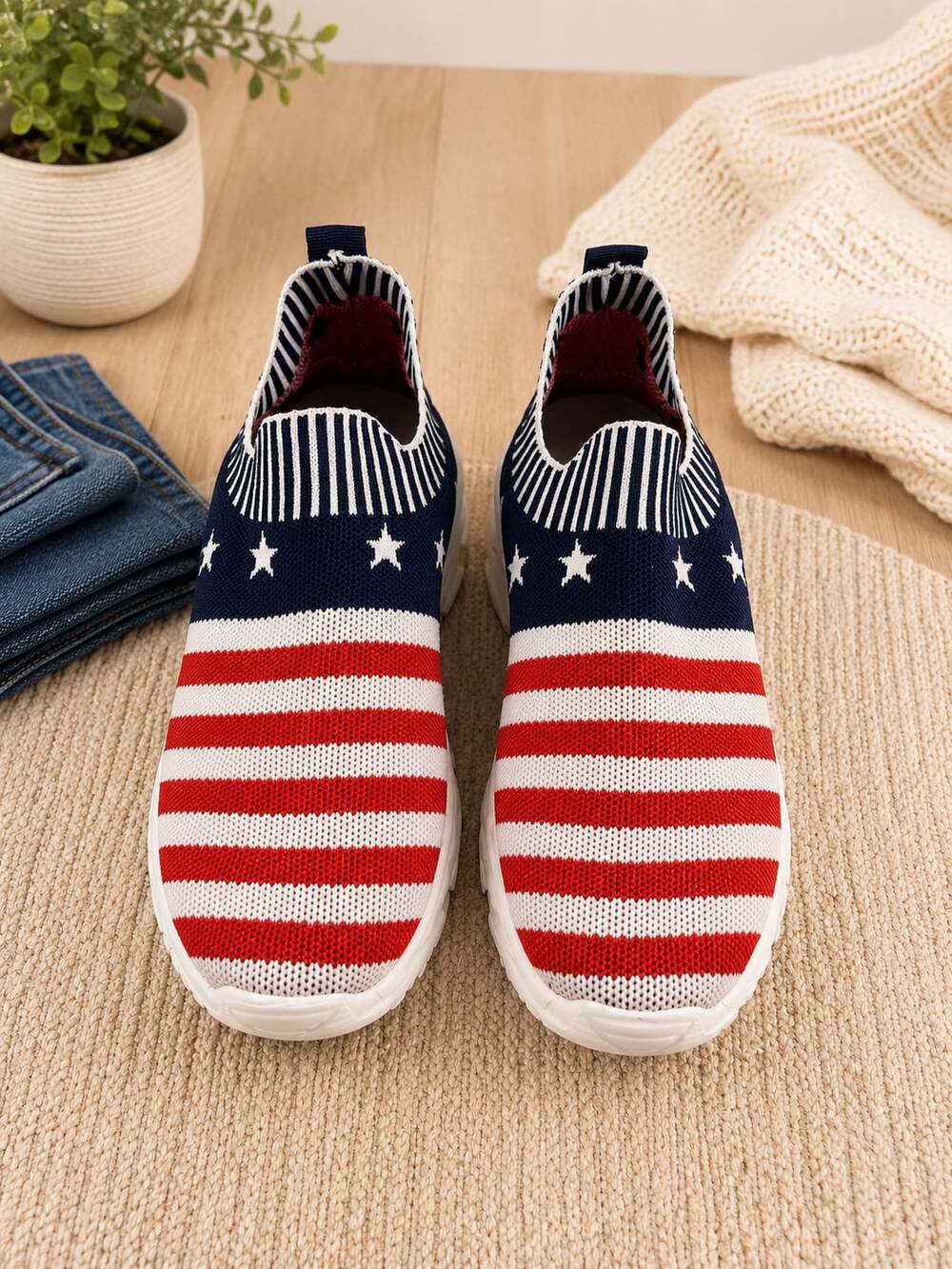 American Flag Knit Slip On Sneakers Womens Size 38 Patriotic USA Casual Shoes
